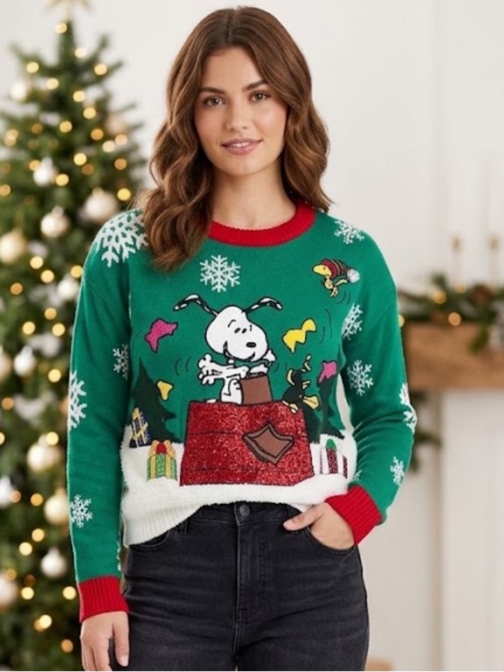 Peanuts Snoopy Festive Crewneck Sweater - Green, White & Red Size: Small